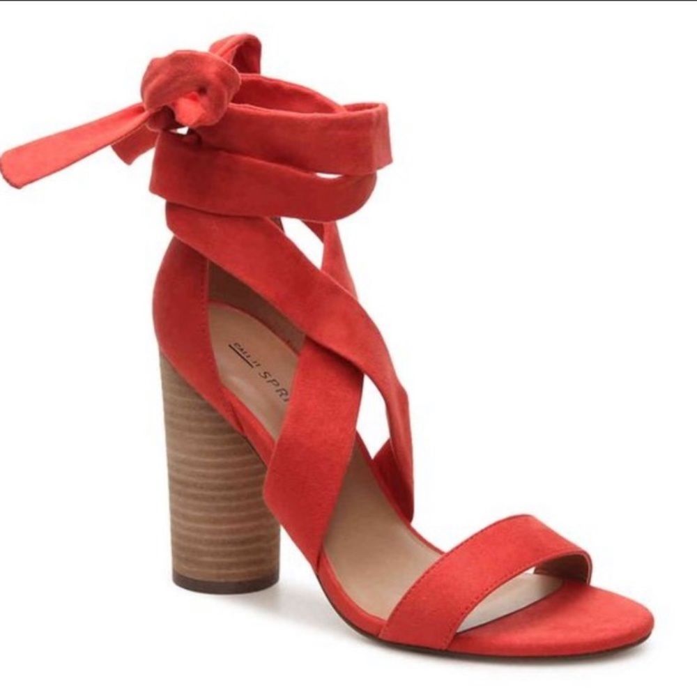 Call It Spring Defuria Heeled Sandal Ankle Wrap Strap Orange Round Block 4” Heel